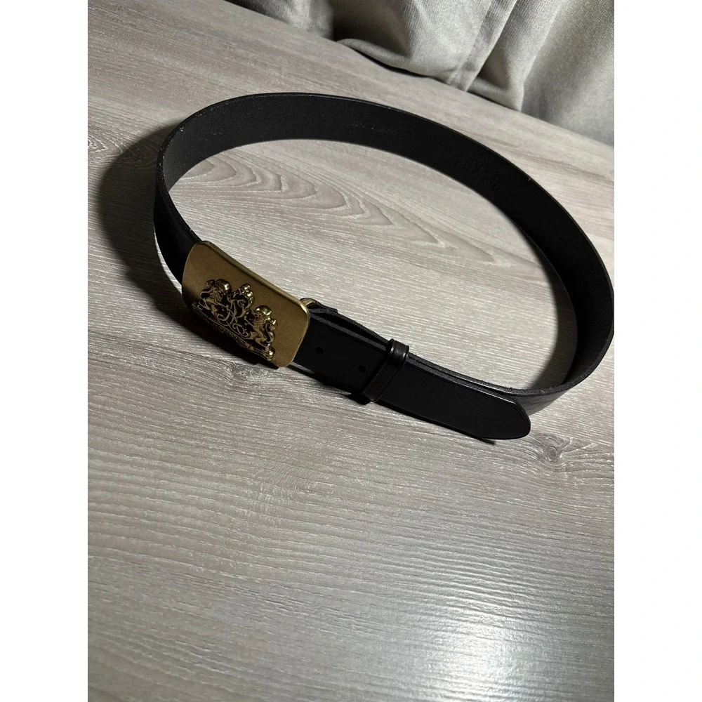 Lauren Ralph Lauren Black Leather Belt Gold Lion Crest Trophy Buckle Designer